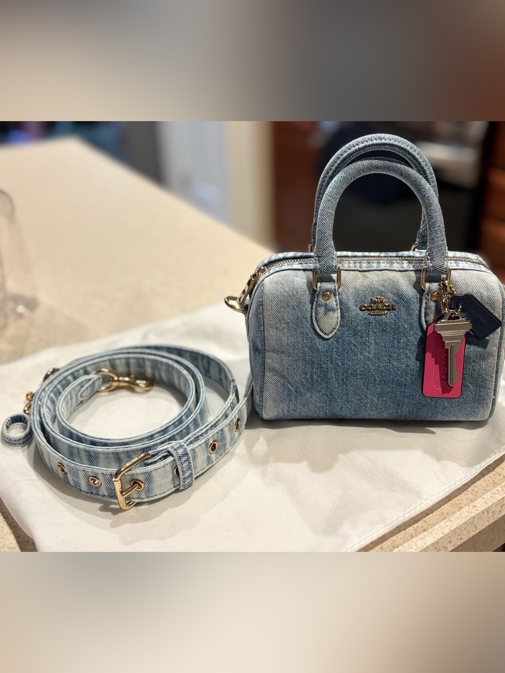 Coach Mini Rowan Crossbody Bag In Loved Denim With Charms - Picture 2 of 16